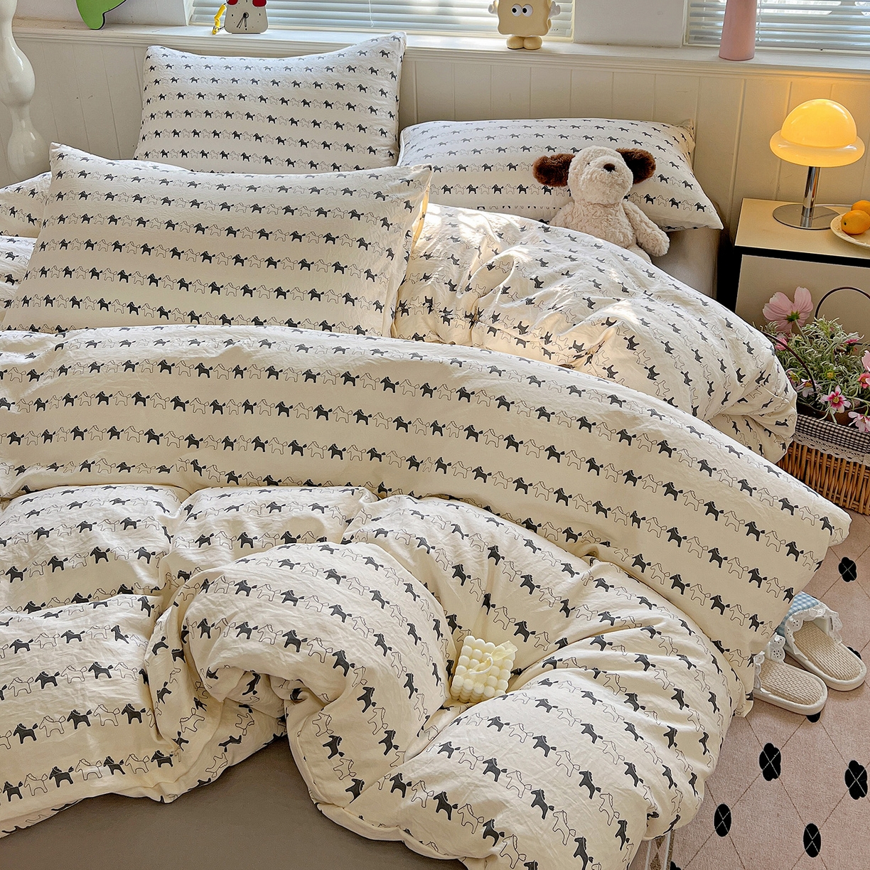 91家纺网 家纺一手货源 找家纺 暖芯优选 2025新款加厚爆款小布袋韩国古法水洗棉床单学生三件套床笠款四件套 小马漫步