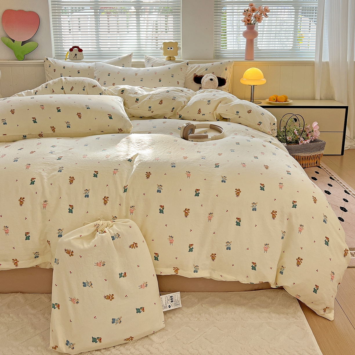 暖芯优选 2025新款加厚爆款小布袋韩国古法水洗棉床单学生三件套床笠款四件套 小熊布语