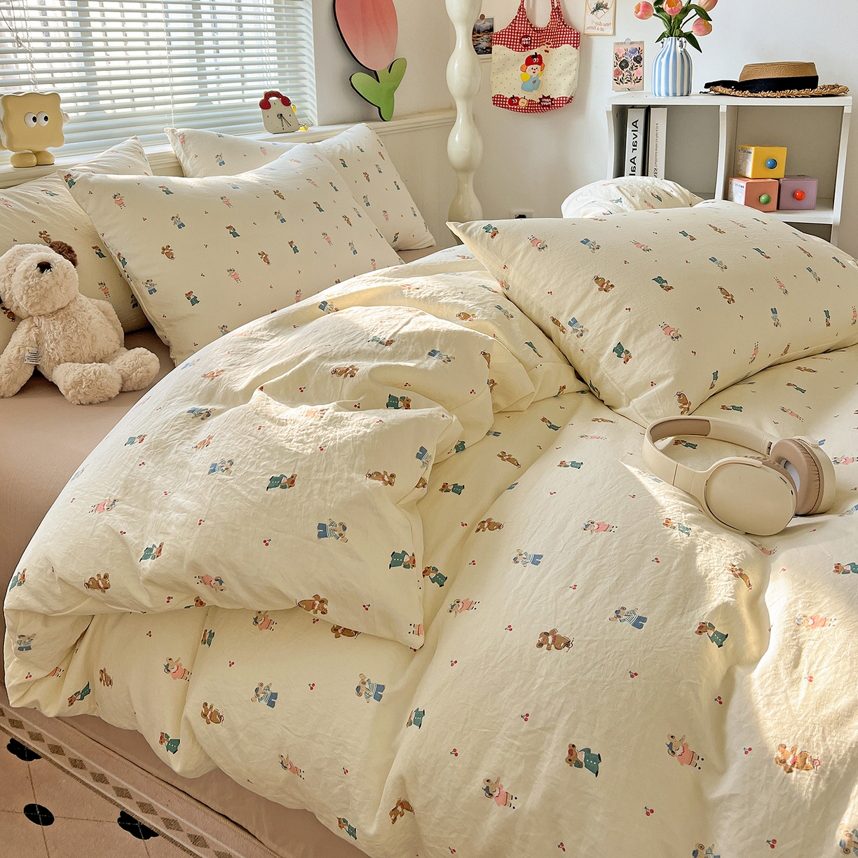 91家纺网 家纺一手货源 找家纺 暖芯优选 2025新款加厚爆款小布袋韩国古法水洗棉床单学生三件套床笠款四件套 小熊布语