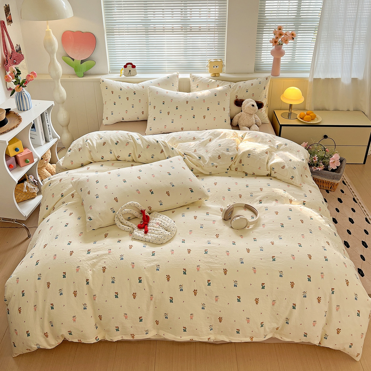 91家纺网 家纺一手货源 找家纺 暖芯优选 2025新款加厚爆款小布袋韩国古法水洗棉床单学生三件套床笠款四件套 小熊布语