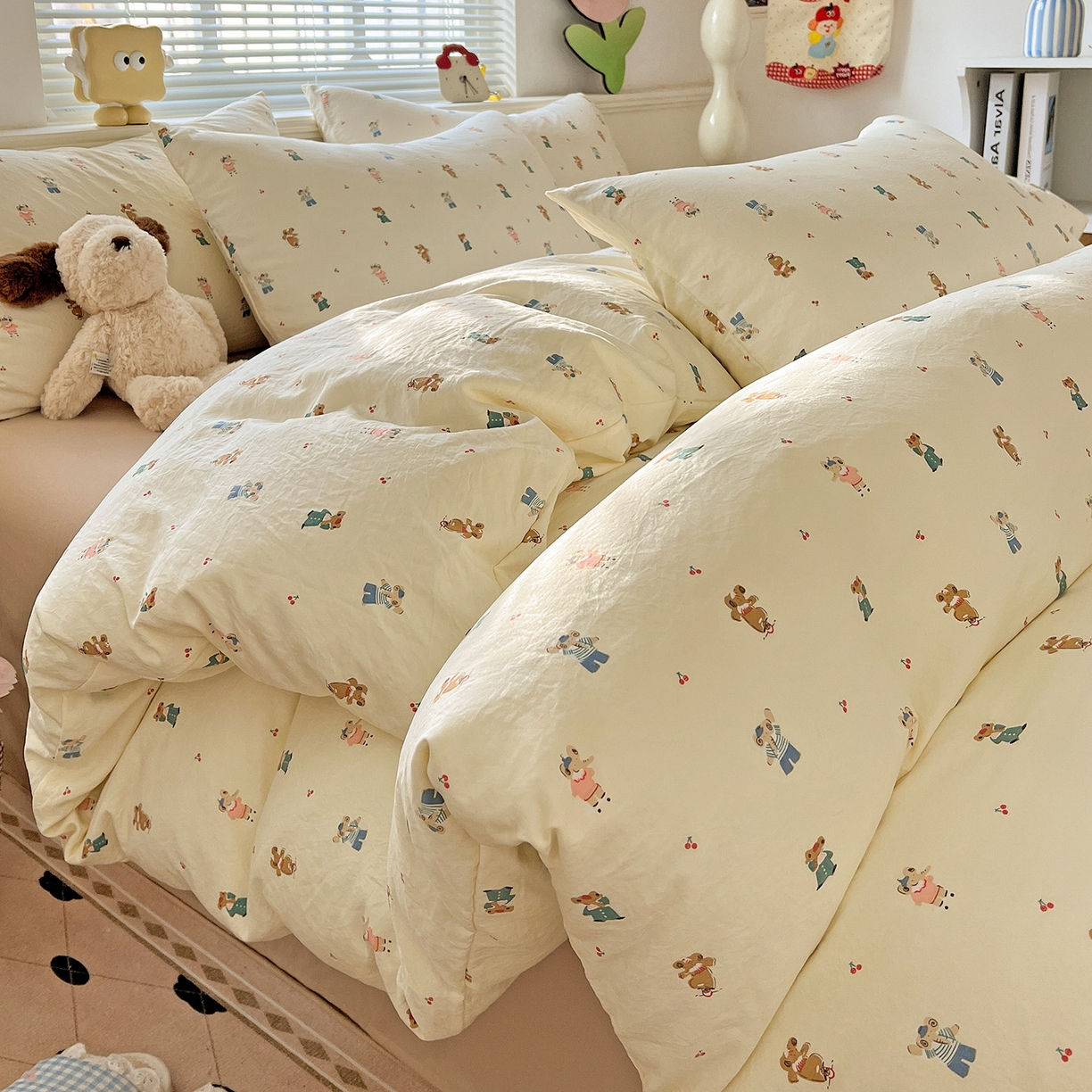 91家纺网 家纺一手货源 找家纺 暖芯优选 2025新款加厚爆款小布袋韩国古法水洗棉床单学生三件套床笠款四件套 小熊布语