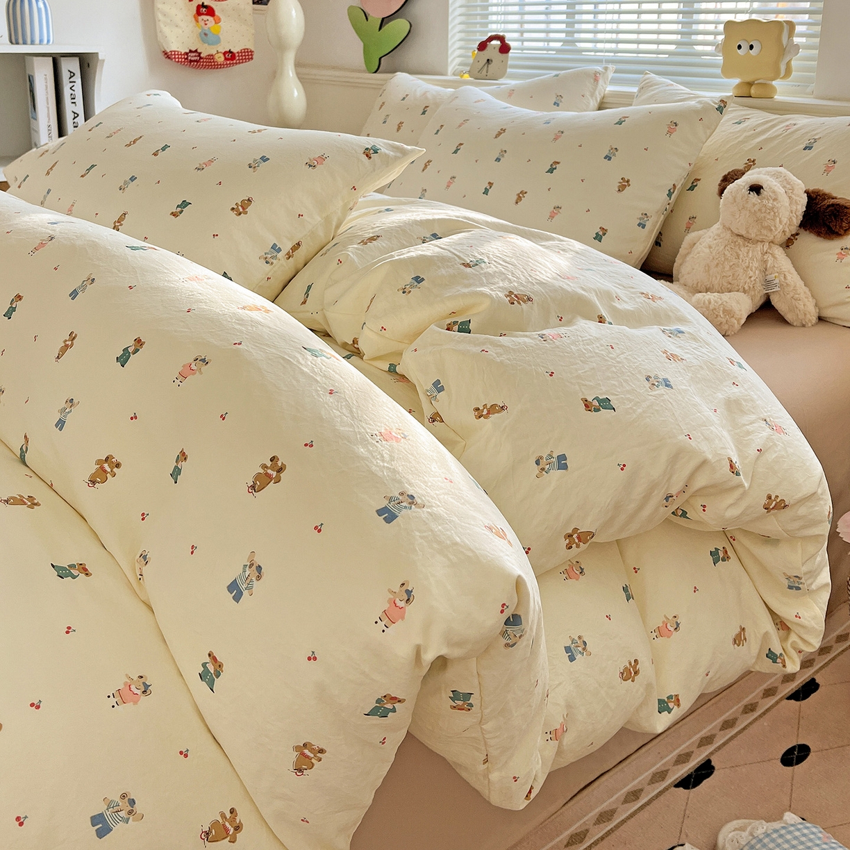 91家纺网 家纺一手货源 找家纺 暖芯优选 2025新款加厚爆款小布袋韩国古法水洗棉床单学生三件套床笠款四件套 小熊布语