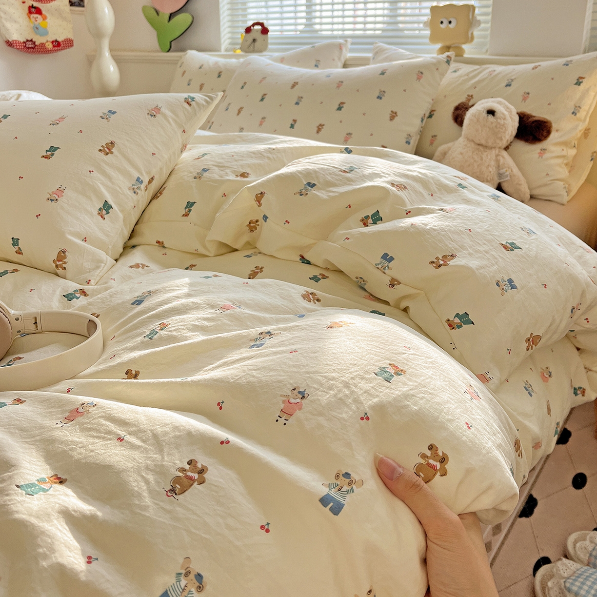 91家纺网 家纺一手货源 找家纺 暖芯优选 2025新款加厚爆款小布袋韩国古法水洗棉床单学生三件套床笠款四件套 小熊布语