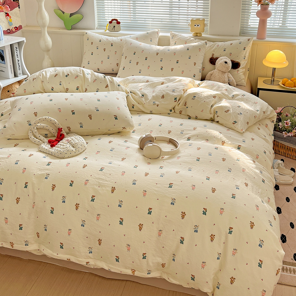 91家纺网 家纺一手货源 找家纺 暖芯优选 2025新款加厚爆款小布袋韩国古法水洗棉床单学生三件套床笠款四件套 小熊布语