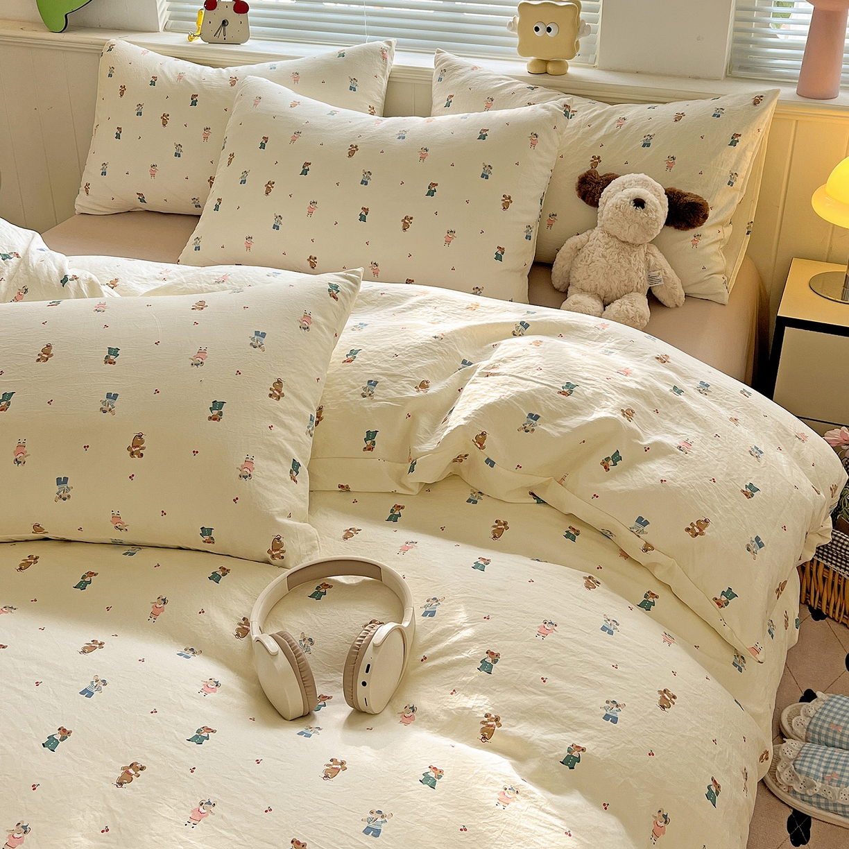 91家纺网 家纺一手货源 找家纺 暖芯优选 2025新款加厚爆款小布袋韩国古法水洗棉床单学生三件套床笠款四件套 小熊布语