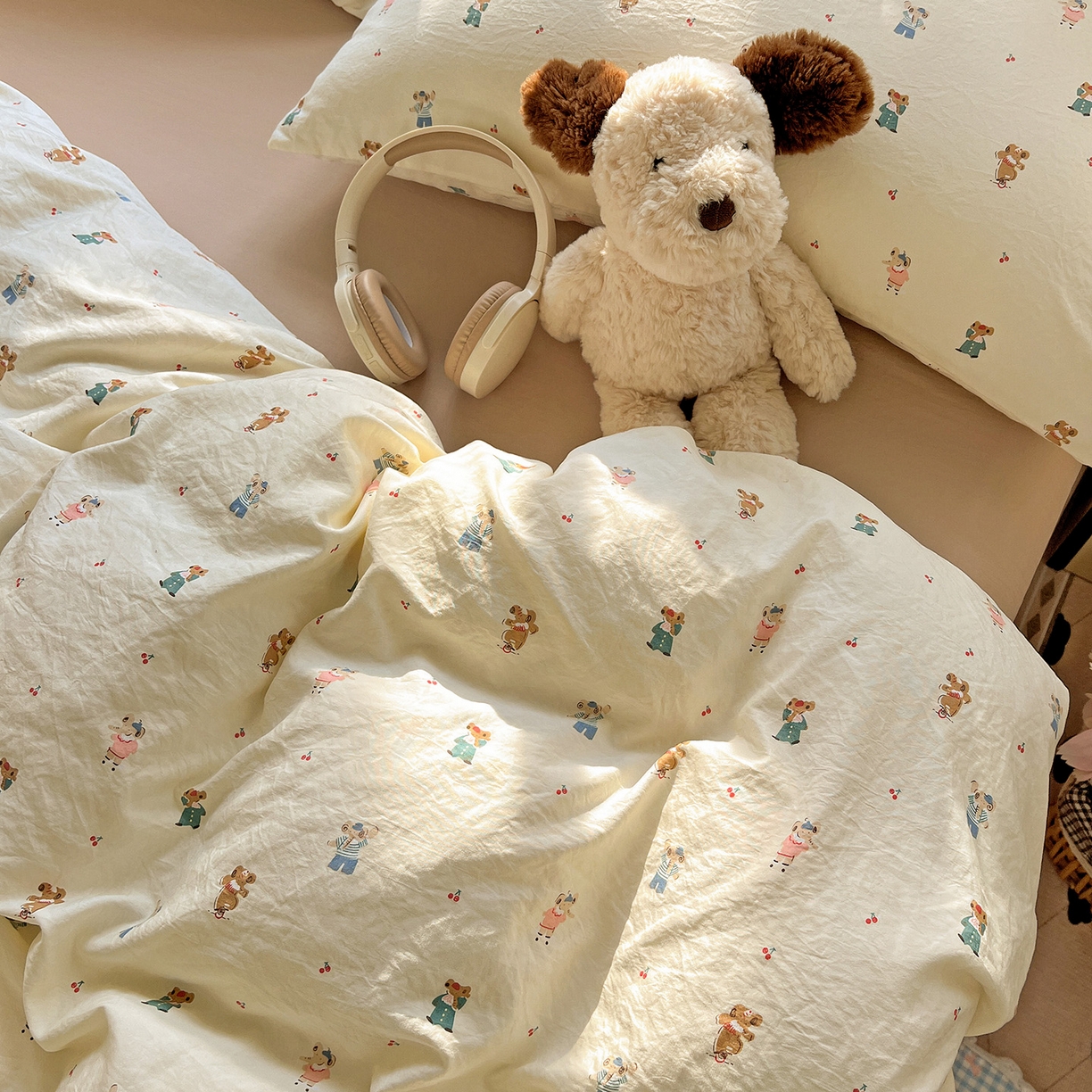 91家纺网 家纺一手货源 找家纺 暖芯优选 2025新款加厚爆款小布袋韩国古法水洗棉床单学生三件套床笠款四件套 小熊布语