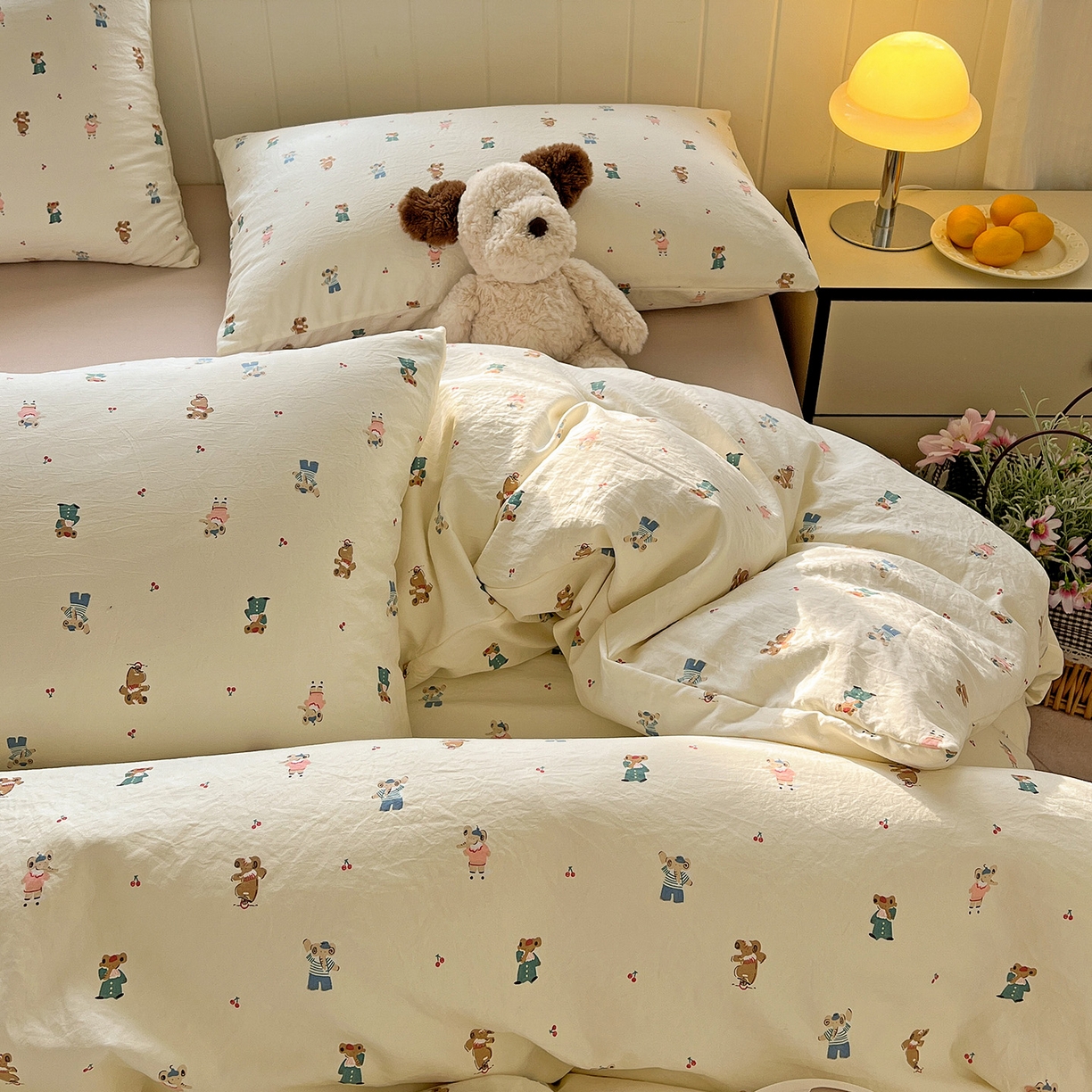 91家纺网 家纺一手货源 找家纺 暖芯优选 2025新款加厚爆款小布袋韩国古法水洗棉床单学生三件套床笠款四件套 小熊布语