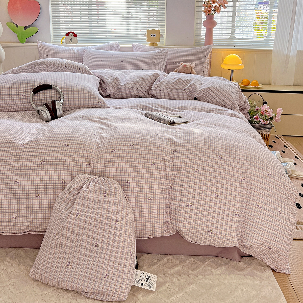 暖芯优选 2025新款加厚爆款小布袋韩国古法水洗棉床单学生三件套床笠款四件套 紫格蜜语