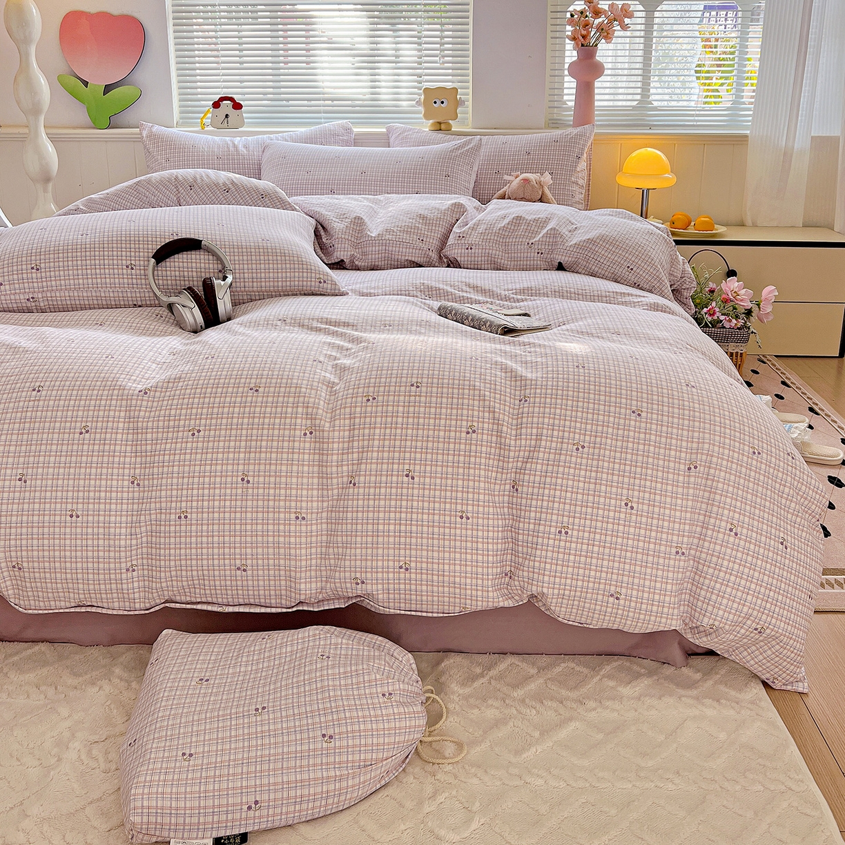 91家纺网 家纺一手货源 找家纺 暖芯优选 2025新款加厚爆款小布袋韩国古法水洗棉床单学生三件套床笠款四件套 紫格蜜语