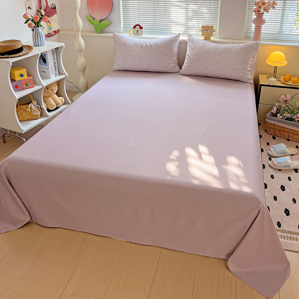 91家纺网 家纺一手货源 找家纺 暖芯优选 2025新款加厚爆款小布袋韩国古法水洗棉床单学生三件套床笠款四件套 紫格蜜语