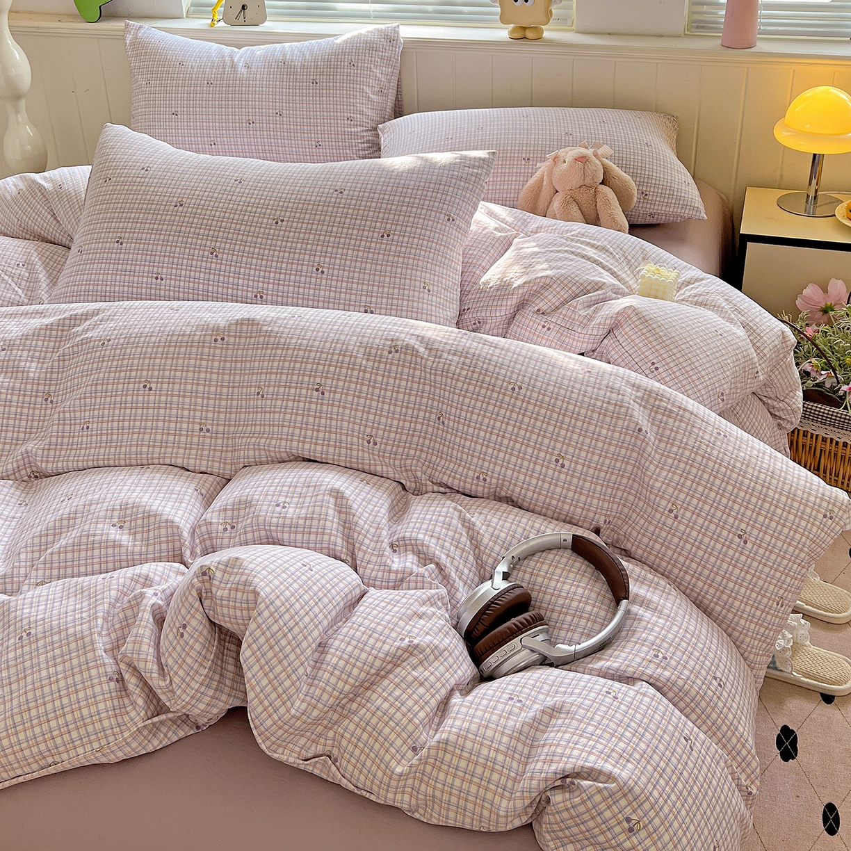 91家纺网 家纺一手货源 找家纺 暖芯优选 2025新款加厚爆款小布袋韩国古法水洗棉床单学生三件套床笠款四件套 紫格蜜语