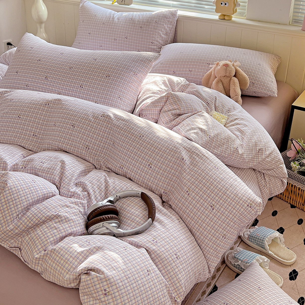 91家纺网 家纺一手货源 找家纺 暖芯优选 2025新款加厚爆款小布袋韩国古法水洗棉床单学生三件套床笠款四件套 紫格蜜语