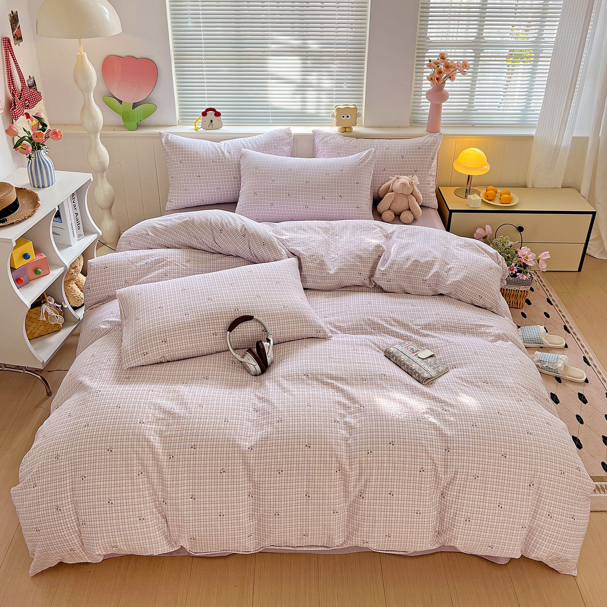 91家纺网 家纺一手货源 找家纺 暖芯优选 2025新款加厚爆款小布袋韩国古法水洗棉床单学生三件套床笠款四件套 紫格蜜语