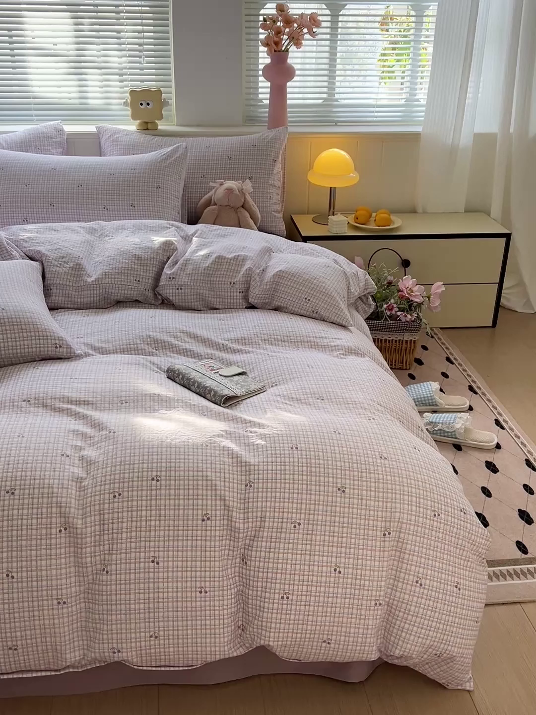 91家纺网 家纺一手货源 找家纺 暖芯优选 2025新款加厚爆款小布袋韩国古法水洗棉床单学生三件套床笠款四件套 紫格蜜语