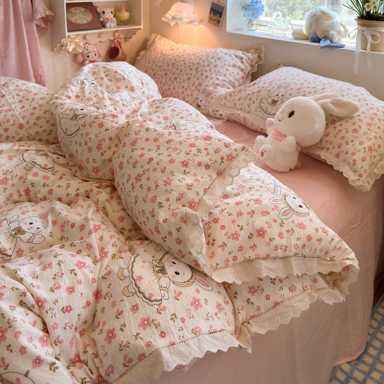 91家纺网 家纺一手货源 找家纺 （总）优卡迪家纺馆 2025新款A类全棉镂空花边皱皱棉双层纱四件套