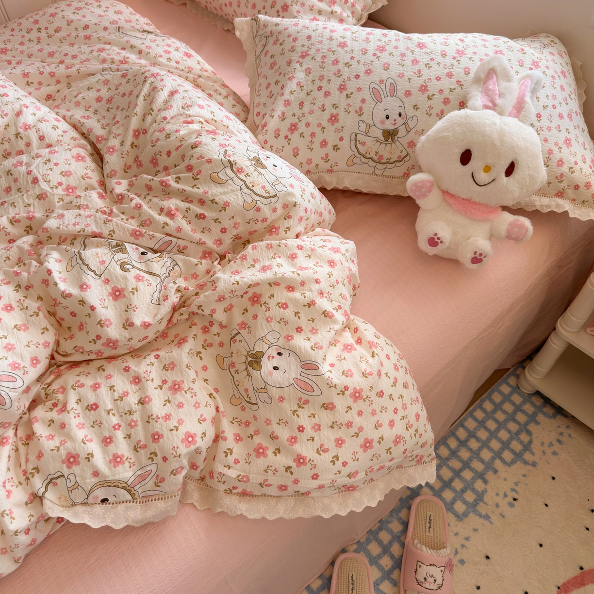 91家纺网 家纺一手货源 找家纺 （总）优卡迪家纺馆 2025新款A类全棉镂空花边皱皱棉双层纱四件套