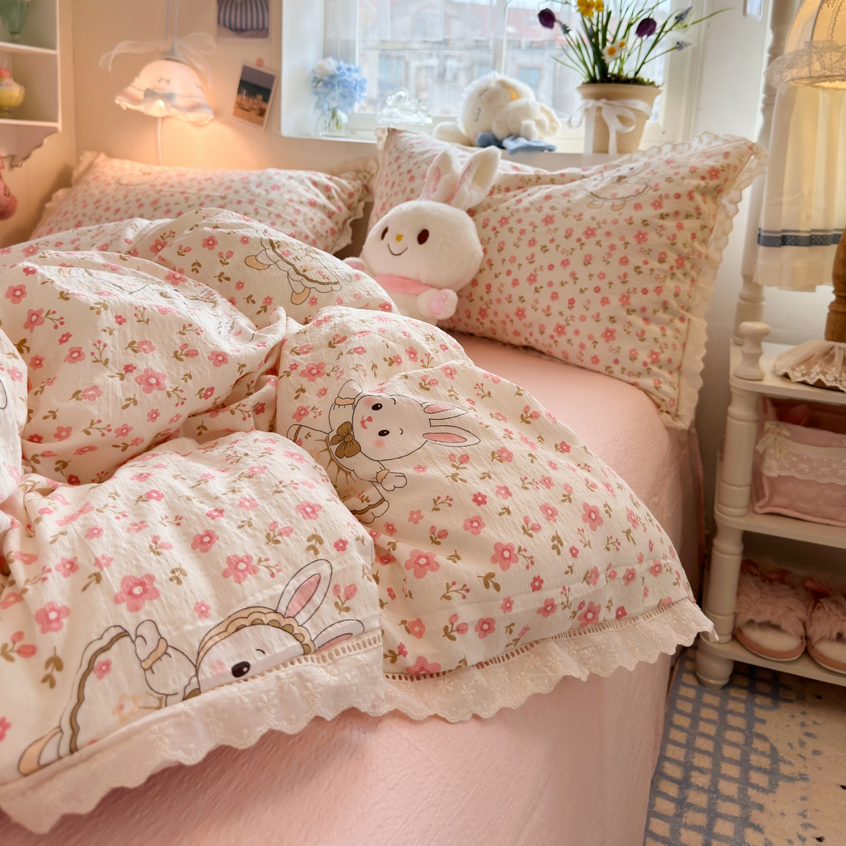 91家纺网 家纺一手货源 找家纺 （总）优卡迪家纺馆 2025新款A类全棉镂空花边皱皱棉双层纱四件套