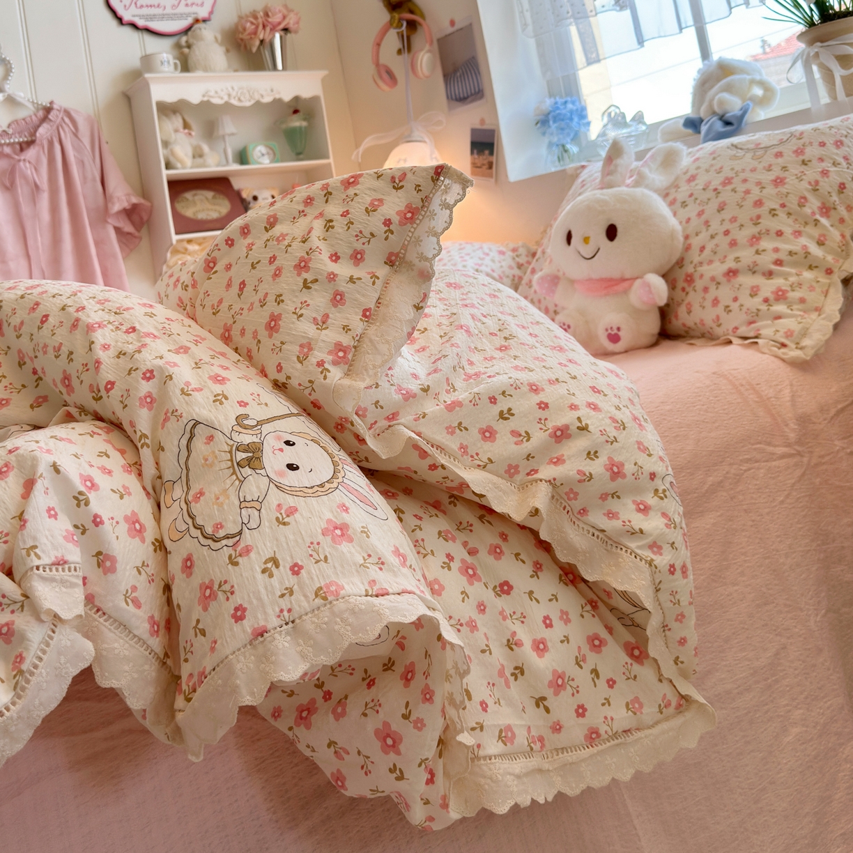 91家纺网 家纺一手货源 找家纺 （总）优卡迪家纺馆 2025新款A类全棉镂空花边皱皱棉双层纱四件套