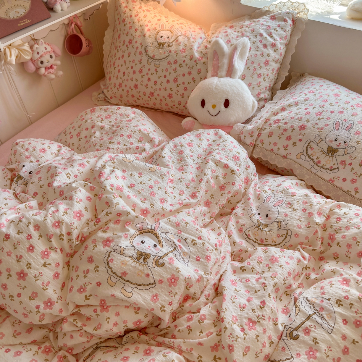 91家纺网 家纺一手货源 找家纺 （总）优卡迪家纺馆 2025新款A类全棉镂空花边皱皱棉双层纱四件套