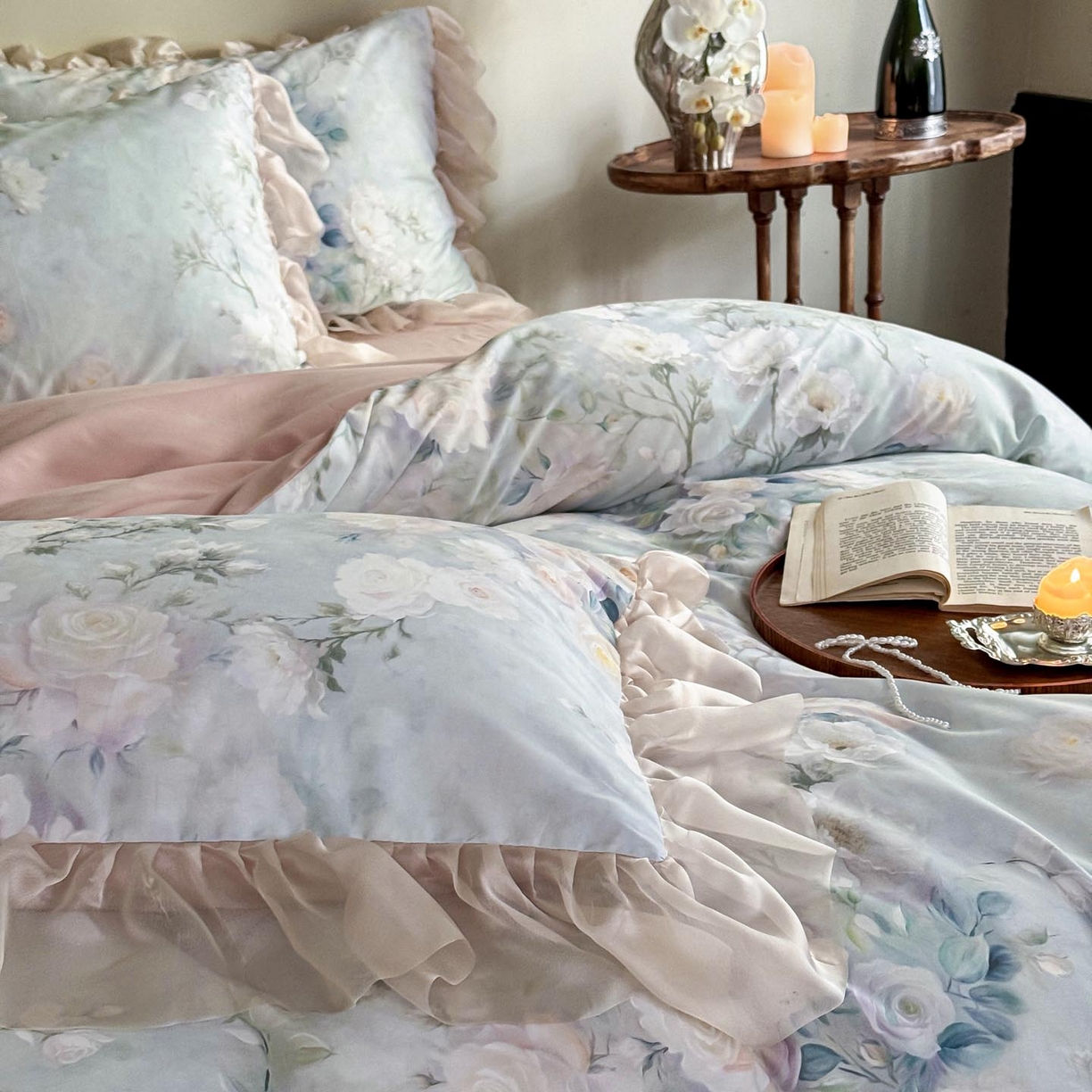 91家纺网 家纺一手货源 找家纺 涵宸家纺 2025新款50S全棉磨毛花边四件套【更多花型联系商家电话：17798859966 微信同号，网站：www.hanchenjf.com】 花边-玫瑰庄园