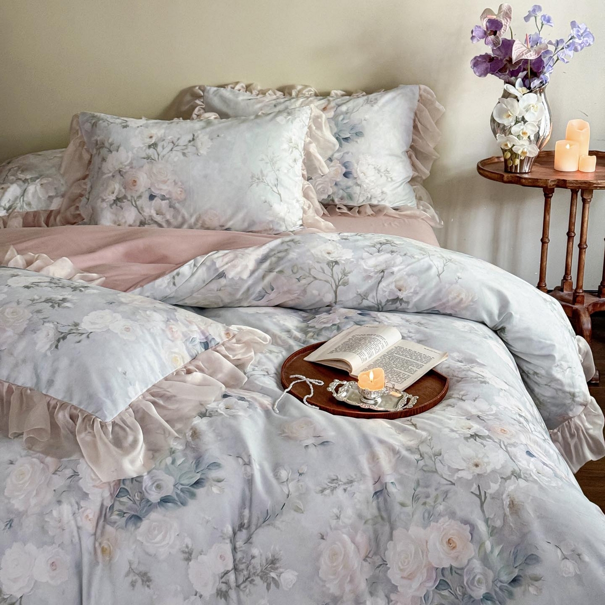 91家纺网 家纺一手货源 找家纺 涵宸家纺 2025新款50S全棉磨毛花边四件套【更多花型联系商家电话：17798859966 微信同号，网站：www.hanchenjf.com】 花边-玫瑰庄园