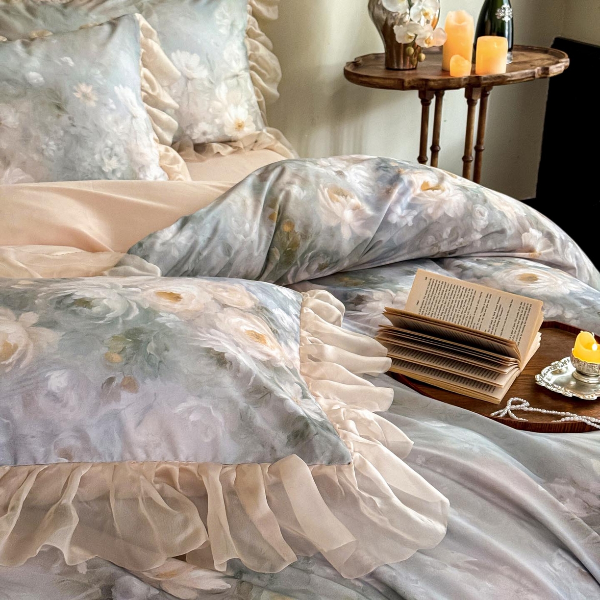 91家纺网 家纺一手货源 找家纺 涵宸家纺 2025新款50S全棉磨毛花边四件套【更多花型联系商家电话：17798859966 微信同号，网站：www.hanchenjf.com】 花边-蔷薇晨露