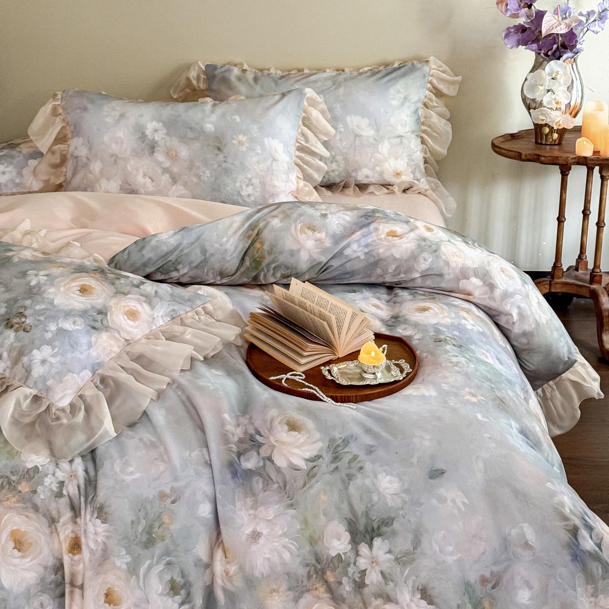 91家纺网 家纺一手货源 找家纺 涵宸家纺 2025新款50S全棉磨毛花边四件套【更多花型联系商家电话：17798859966 微信同号，网站：www.hanchenjf.com】 花边-蔷薇晨露