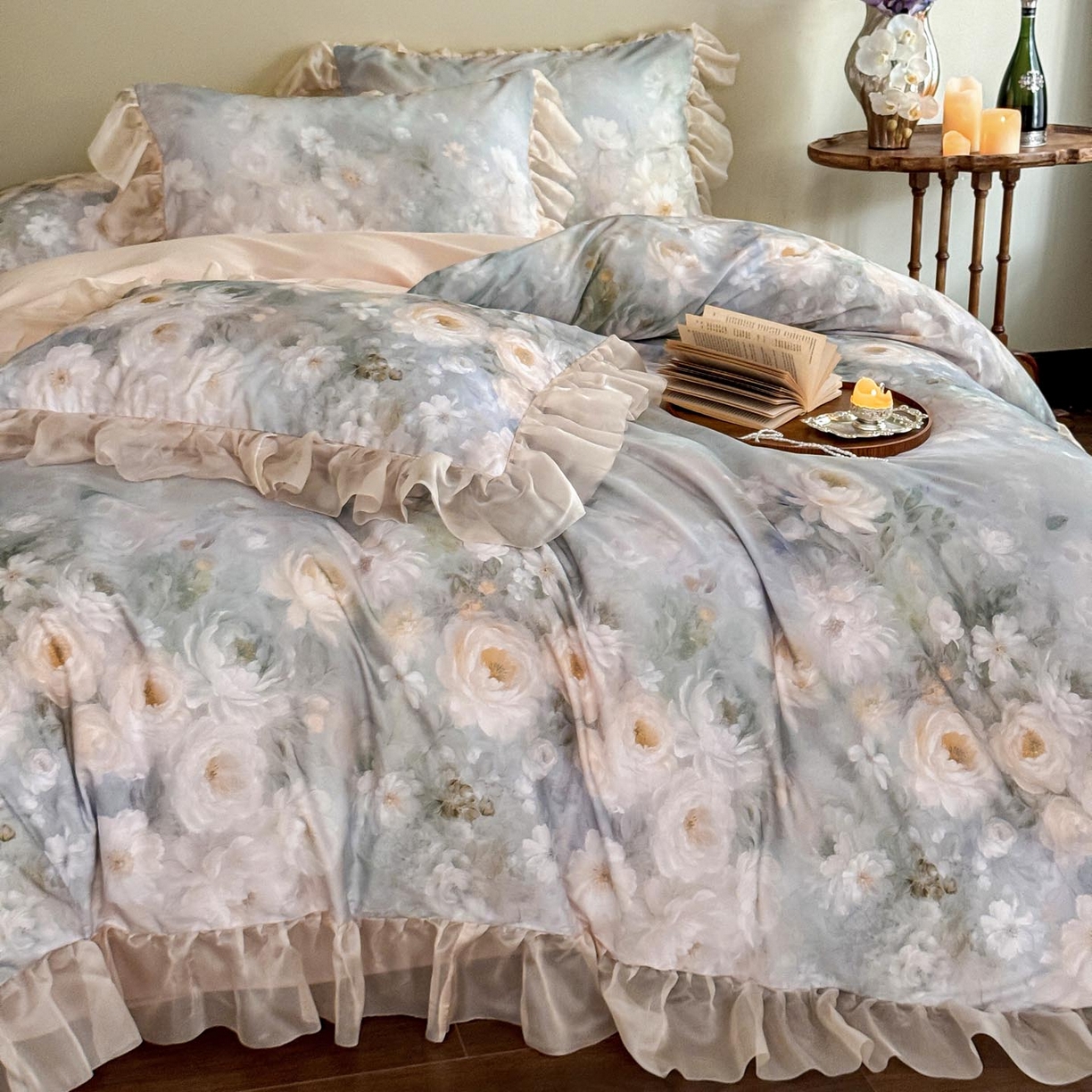 91家纺网 家纺一手货源 找家纺 涵宸家纺 2025新款50S全棉磨毛花边四件套【更多花型联系商家电话：17798859966 微信同号，网站：www.hanchenjf.com】 花边-蔷薇晨露