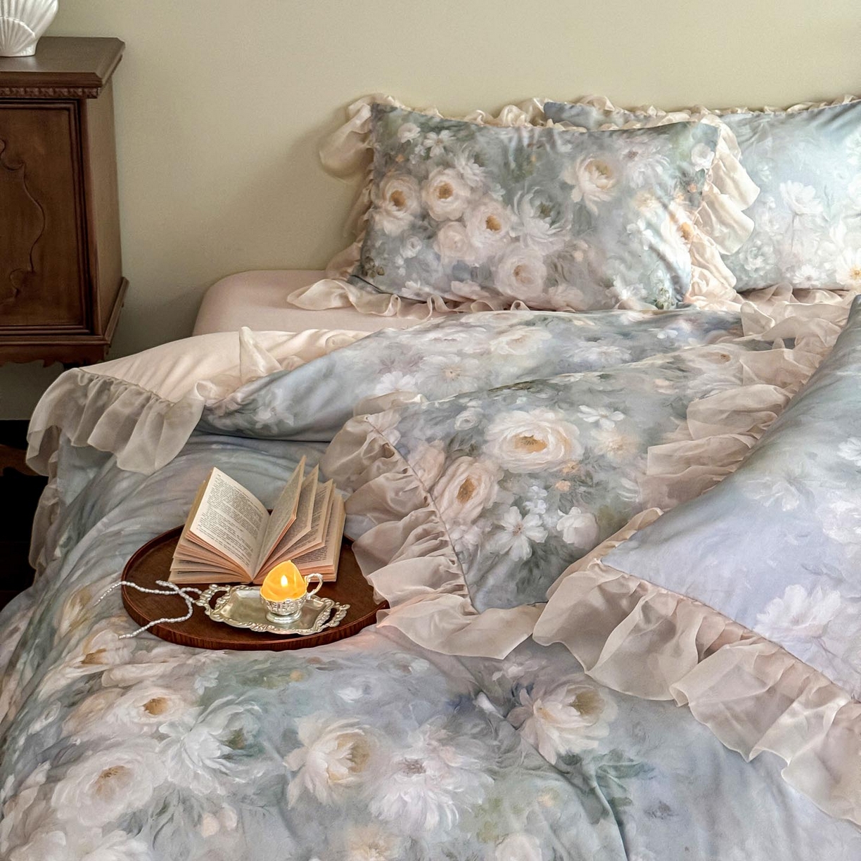 91家纺网 家纺一手货源 找家纺 涵宸家纺 2025新款50S全棉磨毛花边四件套【更多花型联系商家电话：17798859966 微信同号，网站：www.hanchenjf.com】 花边-蔷薇晨露