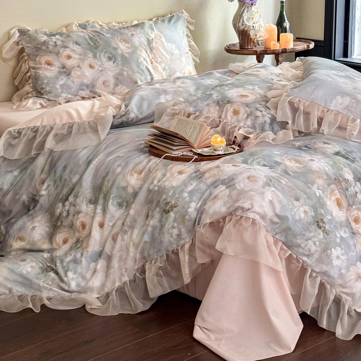 91家纺网 家纺一手货源 找家纺 涵宸家纺 2025新款50S全棉磨毛花边四件套【更多花型联系商家电话：17798859966 微信同号，网站：www.hanchenjf.com】 花边-蔷薇晨露