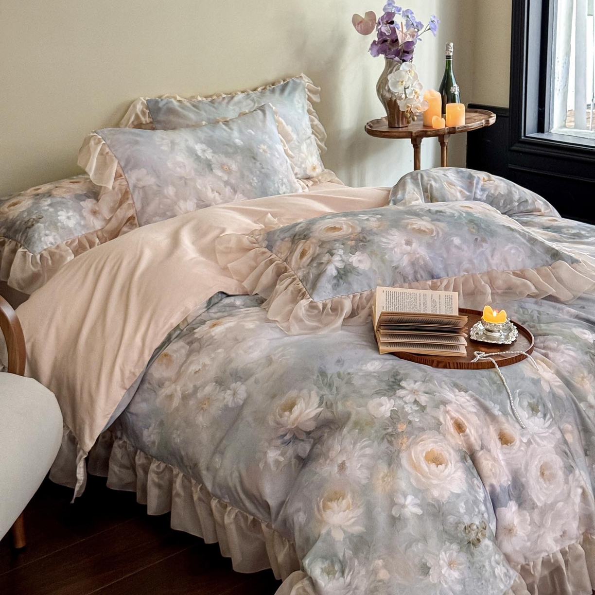 91家纺网 家纺一手货源 找家纺 涵宸家纺 2025新款50S全棉磨毛花边四件套【更多花型联系商家电话：17798859966 微信同号，网站：www.hanchenjf.com】 花边-蔷薇晨露