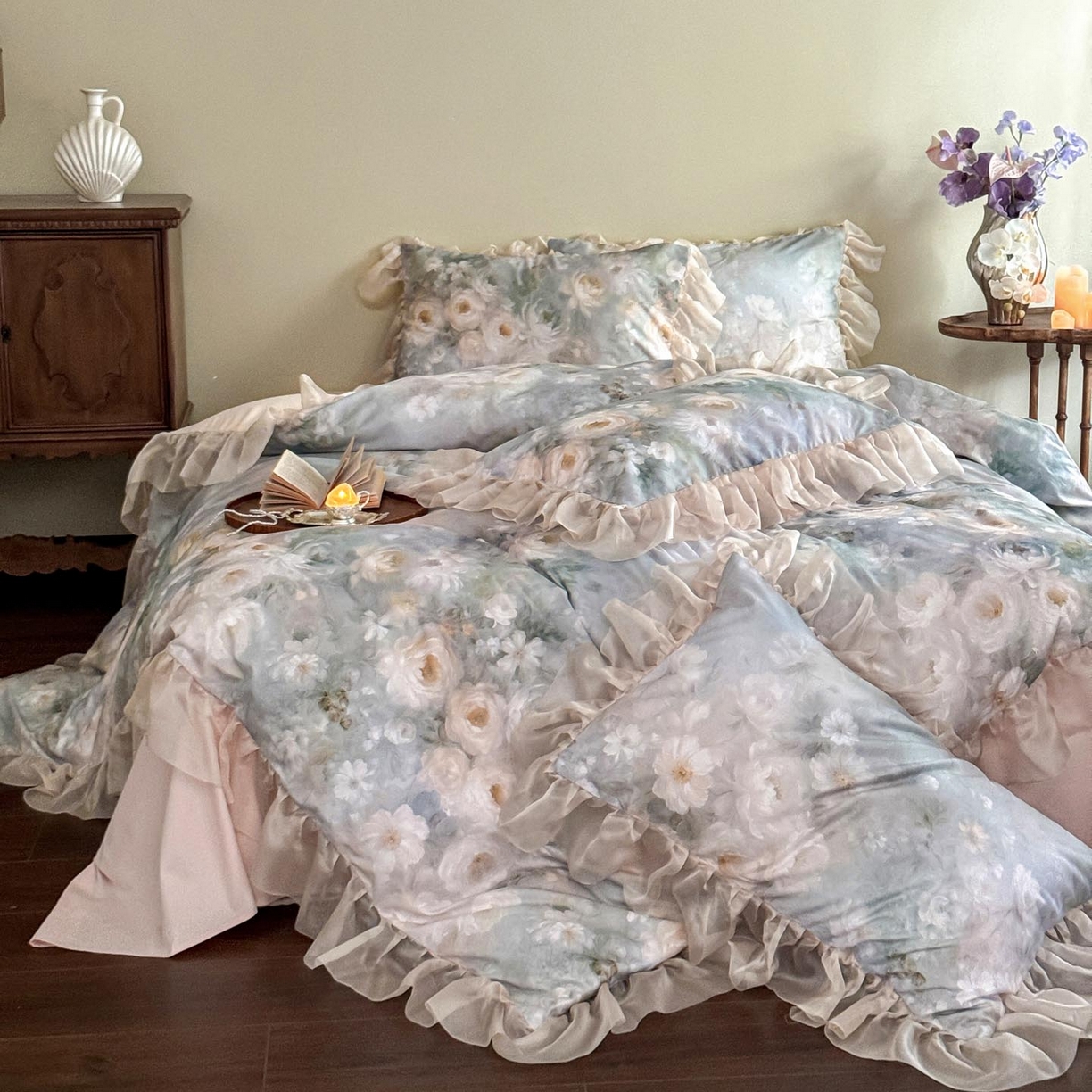 91家纺网 家纺一手货源 找家纺 涵宸家纺 2025新款50S全棉磨毛花边四件套【更多花型联系商家电话：17798859966 微信同号，网站：www.hanchenjf.com】 花边-蔷薇晨露