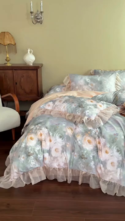 91家纺网 家纺一手货源 找家纺 涵宸家纺 2025新款50S全棉磨毛花边四件套【更多花型联系商家电话：17798859966 微信同号，网站：www.hanchenjf.com】 花边-蔷薇晨露