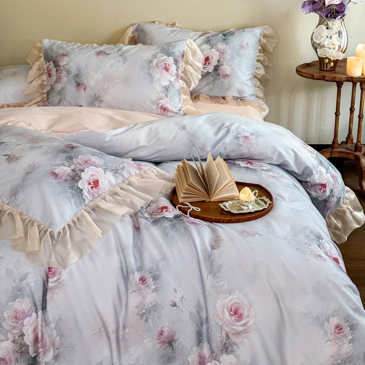 91家纺网 家纺一手货源 找家纺 涵宸家纺 2025新款50S全棉磨毛花边四件套【更多花型联系商家电话：17798859966 微信同号，网站：www.hanchenjf.com】 花边-清欢-蓝