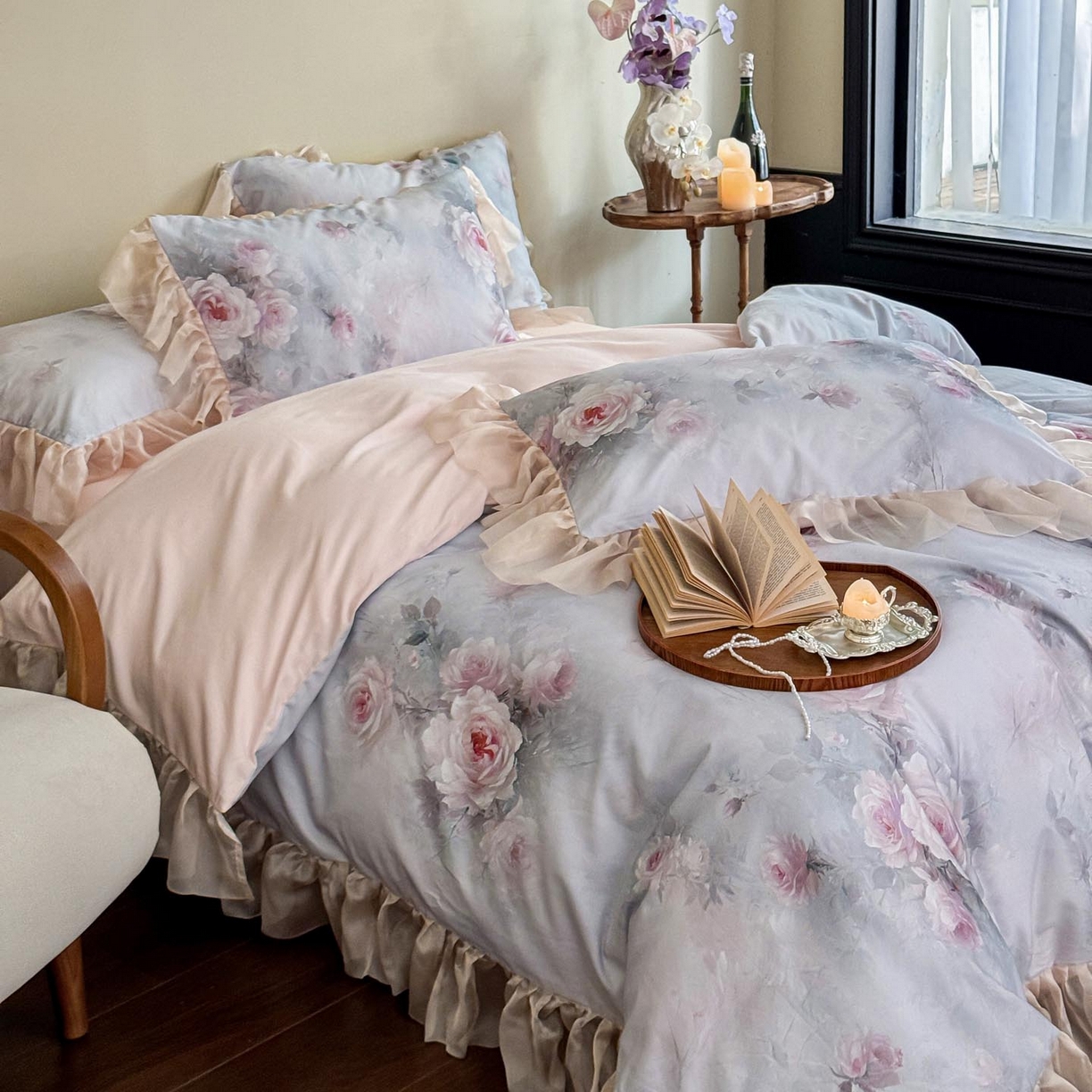 91家纺网 家纺一手货源 找家纺 涵宸家纺 2025新款50S全棉磨毛花边四件套【更多花型联系商家电话：17798859966 微信同号，网站：www.hanchenjf.com】 花边-清欢-蓝