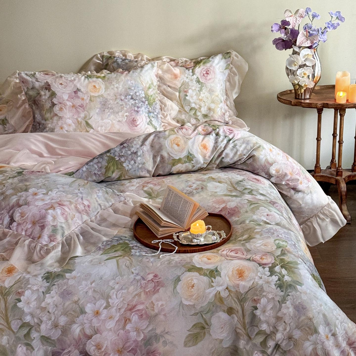 91家纺网 家纺一手货源 找家纺 涵宸家纺 2025新款50S全棉磨毛花边四件套【更多花型联系商家电话：17798859966 微信同号，网站：www.hanchenjf.com】 花边-伊莉丝