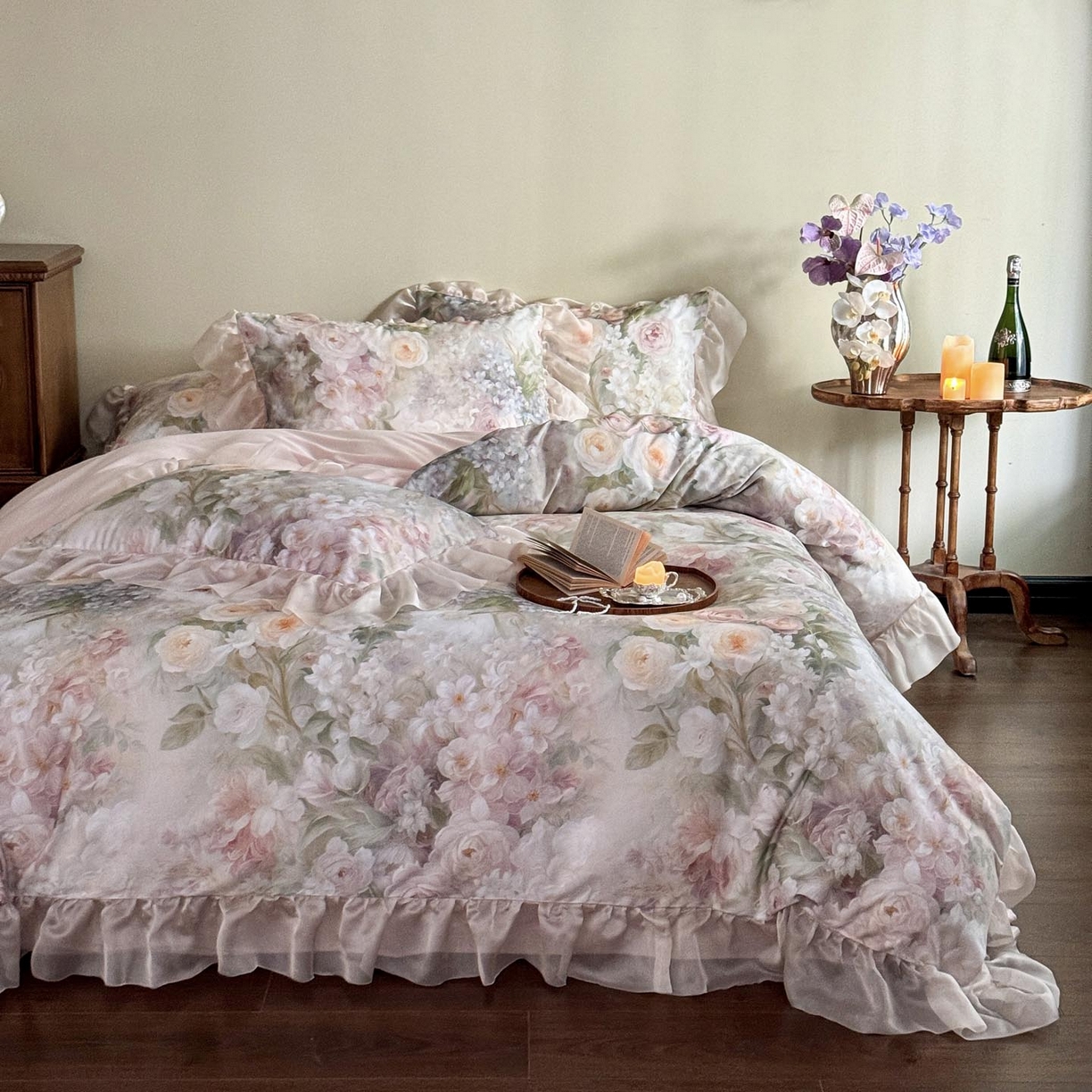 91家纺网 家纺一手货源 找家纺 涵宸家纺 2025新款50S全棉磨毛花边四件套【更多花型联系商家电话：17798859966 微信同号，网站：www.hanchenjf.com】 花边-伊莉丝