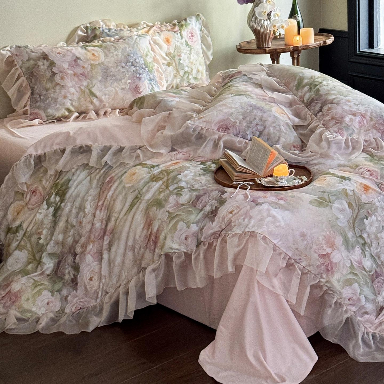 91家纺网 家纺一手货源 找家纺 涵宸家纺 2025新款50S全棉磨毛花边四件套【更多花型联系商家电话：17798859966 微信同号，网站：www.hanchenjf.com】 花边-伊莉丝