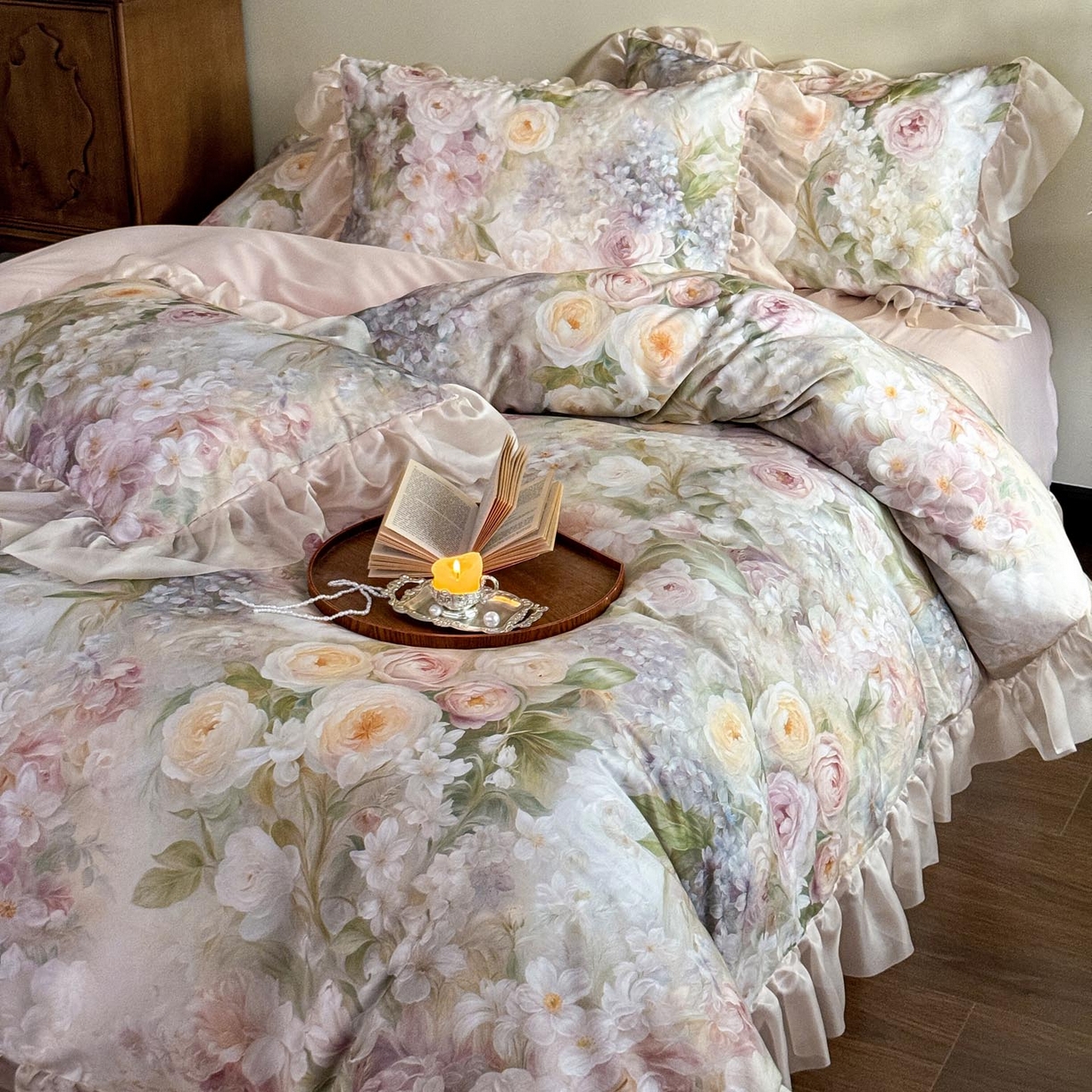 91家纺网 家纺一手货源 找家纺 涵宸家纺 2025新款50S全棉磨毛花边四件套【更多花型联系商家电话：17798859966 微信同号，网站：www.hanchenjf.com】 花边-伊莉丝