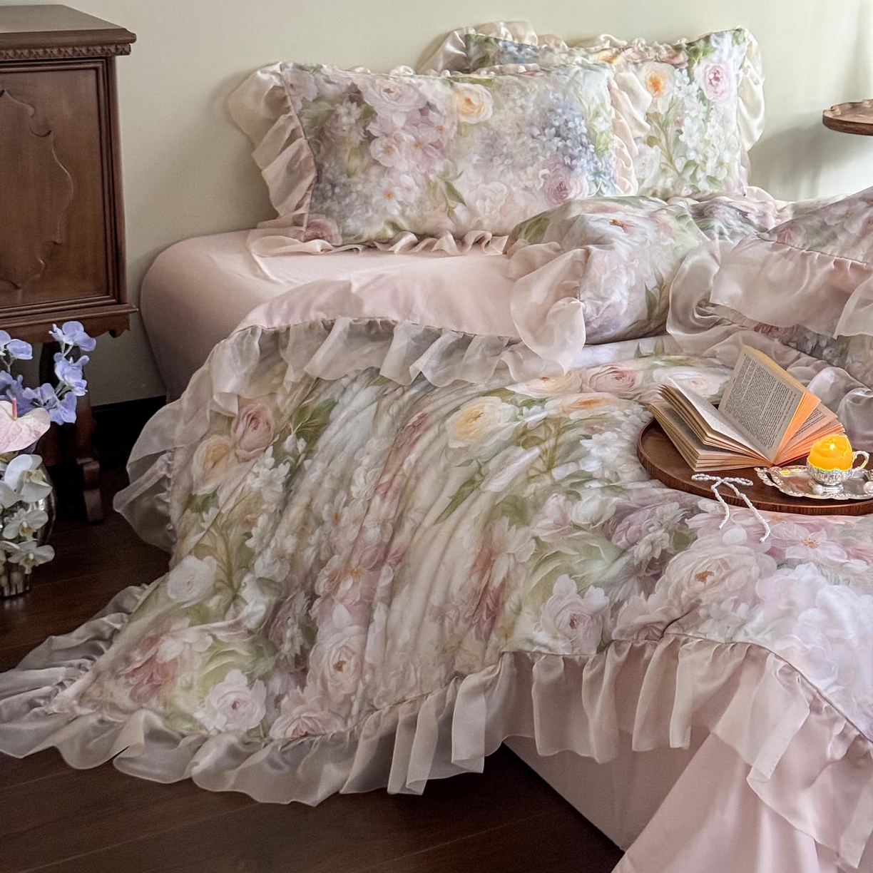 91家纺网 家纺一手货源 找家纺 涵宸家纺 2025新款50S全棉磨毛花边四件套【更多花型联系商家电话：17798859966 微信同号，网站：www.hanchenjf.com】 花边-伊莉丝