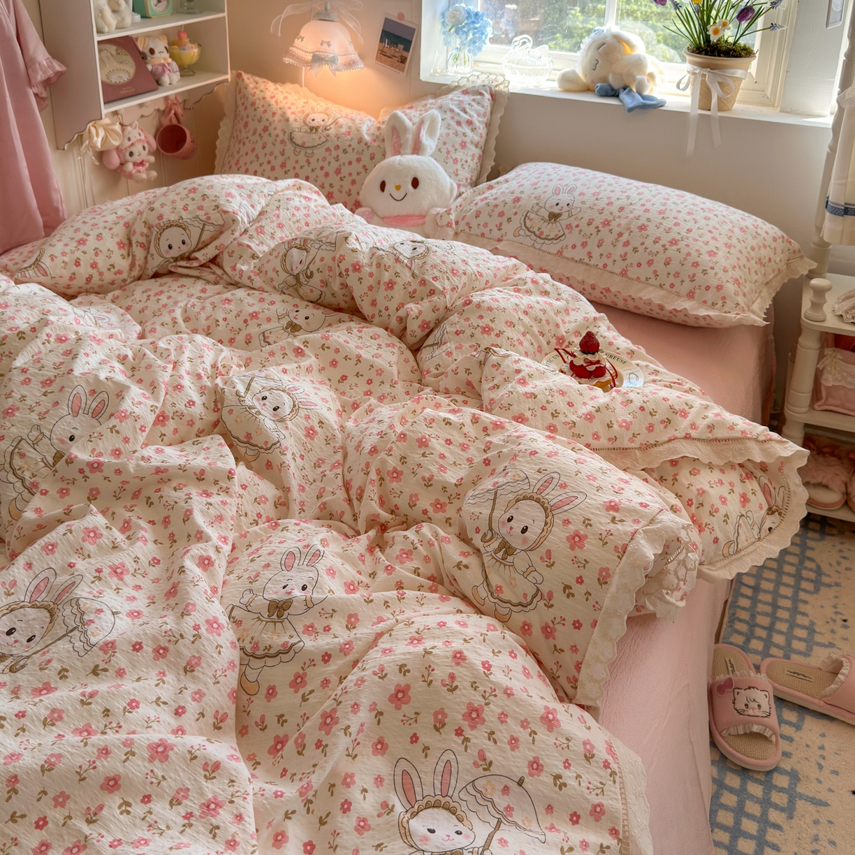 91家纺网 家纺一手货源 找家纺 优卡迪家纺馆 2025新款A类全棉镂空花边皱皱棉双层纱四件套 相见欢