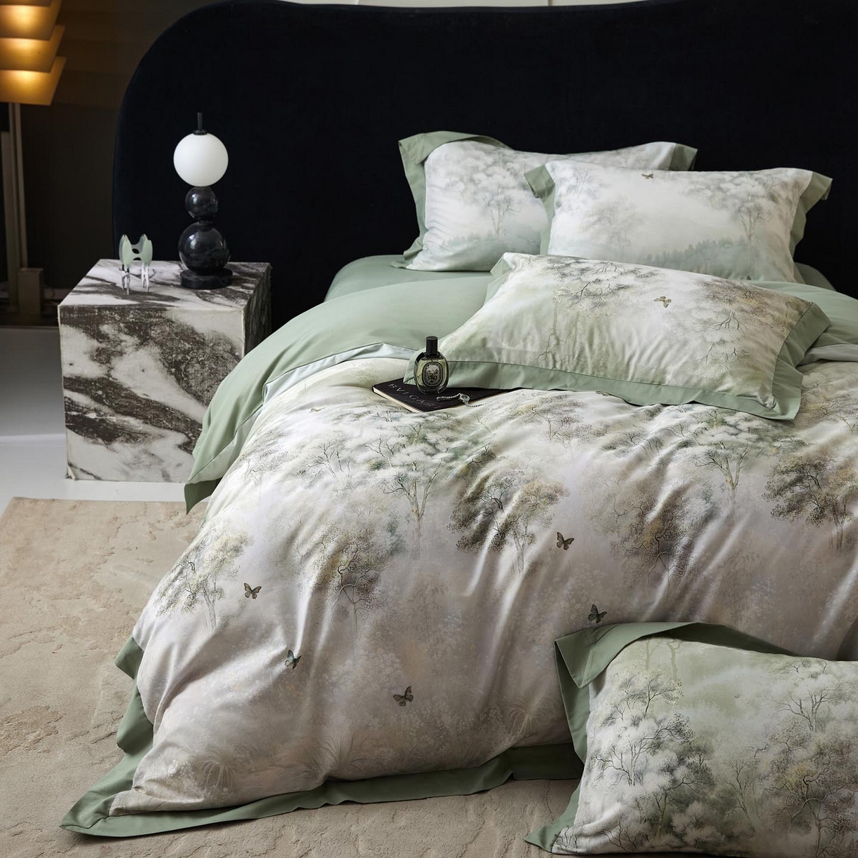 91家纺网 家纺一手货源 找家纺 涵宸家纺 2025新款50S全棉磨毛拼角款四件套【更多花型 联系商家电话：17798859966 微信同号，网站：www.hanchenjf.com】 布丽姬特（绿）