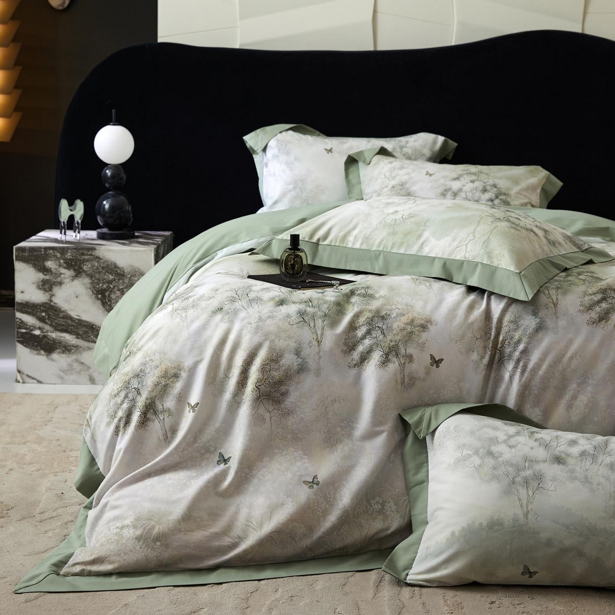 91家纺网 家纺一手货源 找家纺 涵宸家纺 2025新款50S全棉磨毛拼角款四件套【更多花型 联系商家电话：17798859966 微信同号，网站：www.hanchenjf.com】 布丽姬特（绿）