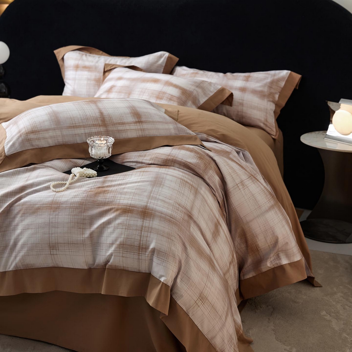 91家纺网 家纺一手货源 找家纺 涵宸家纺 2025新款50S全棉磨毛拼角款四件套【更多花型 联系商家电话：17798859966 微信同号，网站：www.hanchenjf.com】 格雅（桔）