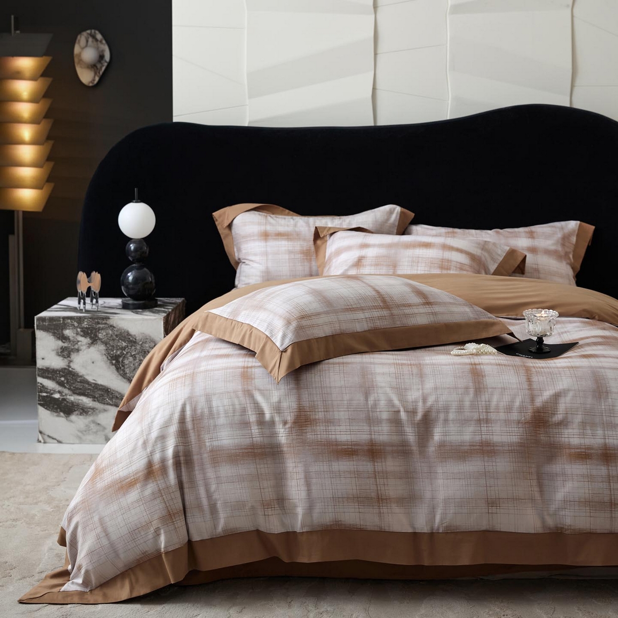 91家纺网 家纺一手货源 找家纺 涵宸家纺 2025新款50S全棉磨毛拼角款四件套【更多花型 联系商家电话：17798859966 微信同号，网站：www.hanchenjf.com】 格雅（桔）