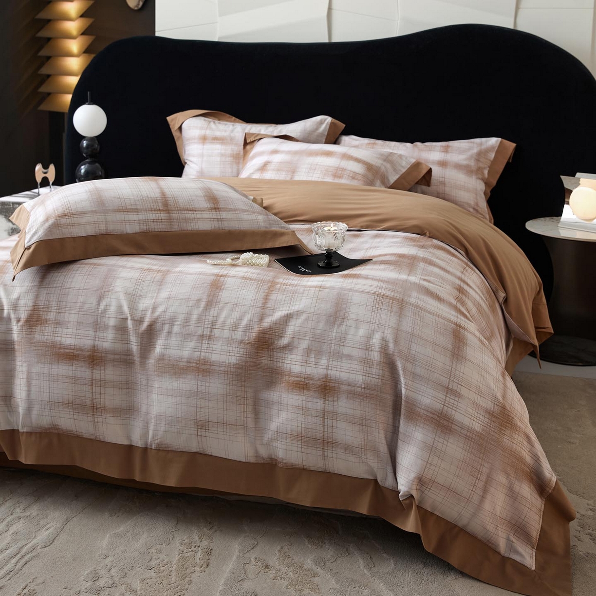 91家纺网 家纺一手货源 找家纺 涵宸家纺 2025新款50S全棉磨毛拼角款四件套【更多花型 联系商家电话：17798859966 微信同号，网站：www.hanchenjf.com】 格雅（桔）