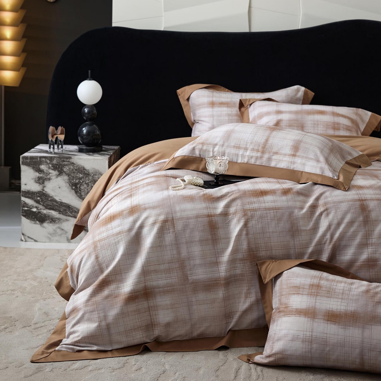 涵宸家纺 2025新款50S全棉磨毛拼角款四件套【更多花型 联系商家电话：17798859966 微信同号，网站：www.hanchenjf.com】 格雅（桔）