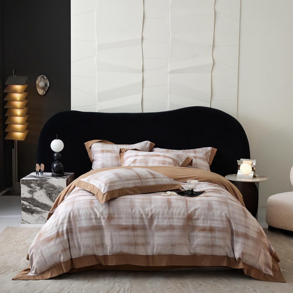 91家纺网 家纺一手货源 找家纺 涵宸家纺 2025新款50S全棉磨毛拼角款四件套【更多花型 联系商家电话：17798859966 微信同号，网站：www.hanchenjf.com】 格雅（桔）