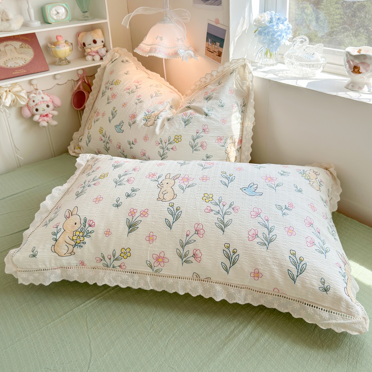 91家纺网 家纺一手货源 找家纺 优卡迪家纺馆 2025新款A类全棉镂空花边皱皱棉双层纱四件套 花园小兔