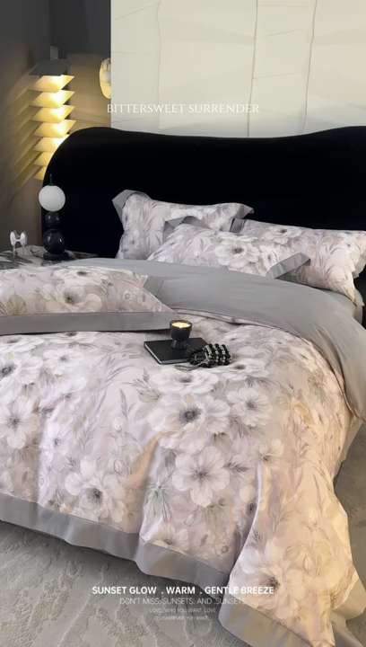 91家纺网 家纺一手货源 找家纺 涵宸家纺 2025新款50S全棉磨毛拼角款四件套【更多花型 联系商家电话：17798859966 微信同号，网站：www.hanchenjf.com】 花滤间（灰）